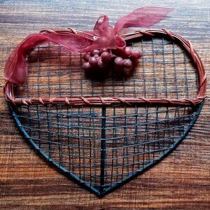Vintage Rattan & Black Steel Heart-shaped Wall Basket Home Decor Cottagecore